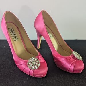 Fuchsia Satin Heels with Crystal Embellishment